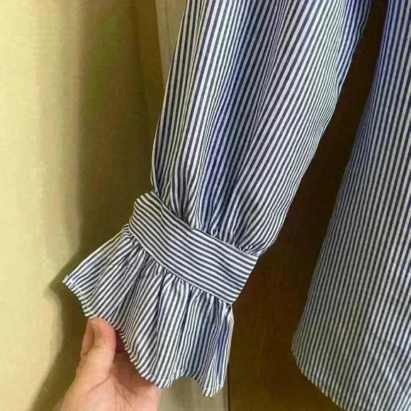 Kontrol Button Blue and White Stripe Long Sleeve Blouse with Pearl Studs Size M - Picture 4 of 11